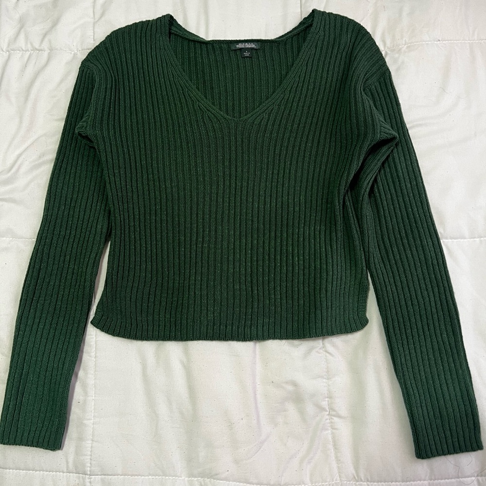 Green cardigan sweater.